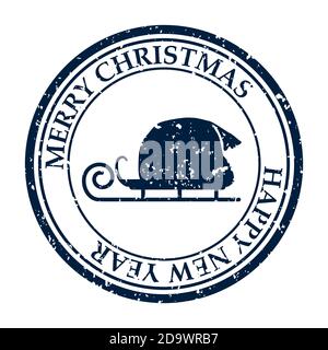 Frohe Weihnachten Frohes Neues Jahr grunge schmutzige Post Stempel Schlitten Symbol auf weißem Vektor isoliert Stock Vektor
