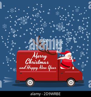 Frohe Weihnachten Santa Claus Van Lieferung von Geschenken. Flach Cartoon Stil Vektor Illustration Grußkarte Poster Banner Stock Vektor