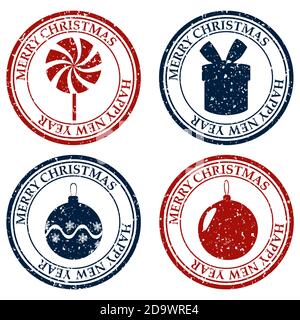 Frohe Weihnachten Frohes Neues Jahr Set Dirty Post Stempel Icon Isoliert auf weißem Vektor Stock Vektor