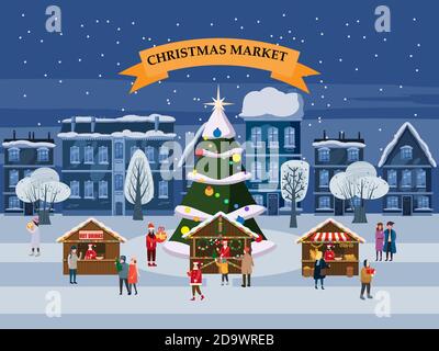 Weihnachtsdorf, Winterstadt, Souvenirmarkt Holzstände mit Dekorationen Souvenirs Geschenk heiße Getränke und Bäckerei zu Fuß Menschen einkaufen. Groß Stock Vektor