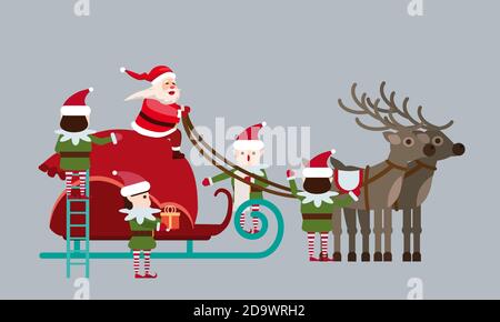 Weihnachtsmann auf einem Schlitten mit Hirschen und einer riesigen Geschenktüte. Elfen Helfer sammeln Geschenke. Vektor isolierte flache Karton Stil Illustration Vektor Stock Vektor