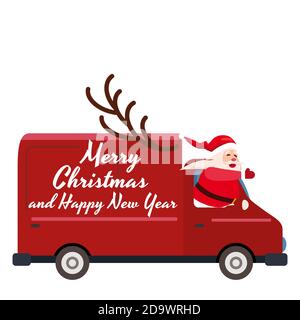 Santa Claus Merry Christmas fährt einen Lieferwagen. Rote Lieferwagen, Seitenansicht Cartoon-Stil isoliert Stock Vektor