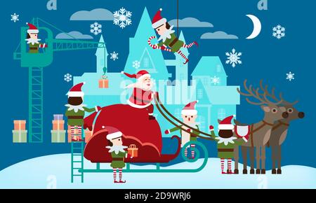 Weihnachtsmann auf einem Schlitten mit Hirschen und einer riesigen Geschenktüte. Elfen Helfer sammeln Geschenke. Vektor isolierte flache Karton Stil Illustration Vektor Stock Vektor
