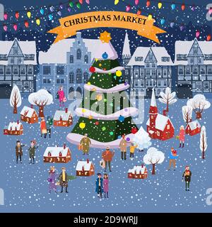 Weihnachtsmarkt oder Urlaub Winter Outdoor-Messe auf Oldtown Platz großen Neujahrsbaum Stadtbild. Große Gruppe von Menschen zu Fuß, Kauf von Geschenken, Trinken Stock Vektor