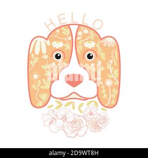 Hund Porträt mit Doodle-Muster innen und Blume und hallo Wording auf weißem Hintergrund dekoriert. vektor-Illustration. Stock Vektor