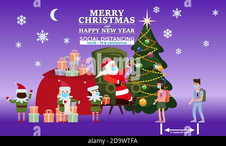 Frohe Weihnachten und ein glückliches Neues Jahr der Weihnachtsmann mit seinen Elfhelfern und Hirten schenkt Kindern in seiner Residenz Geschenke. Unter Bedingungen des COVID Stock Vektor