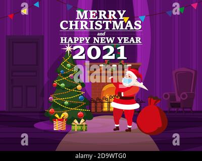 Frohe Weihnachten Interieur des Wohnzimmers mit einem Weihnachtsbaum, Weihnachtsmann bringen Geschenke und einen Kamin, Fenster, Möbel, Weihnachtskranz Stock Vektor