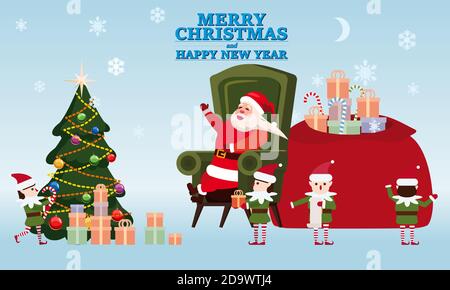 Frohe Weihnachten und ein glückliches Neues Jahr der Weihnachtsmann mit seinen Elfhelfern und Hirten schenkt Kindern in seiner Residenz Geschenke. Unter Bedingungen des COVID Stock Vektor