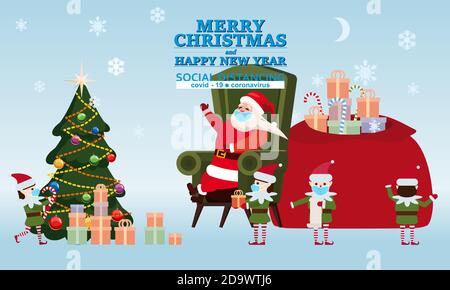 Frohe Weihnachten und ein glückliches Neues Jahr der Weihnachtsmann mit seinen Elfhelfern und Hirten schenkt Kindern in seiner Residenz Geschenke. Unter Bedingungen des COVID Stock Vektor
