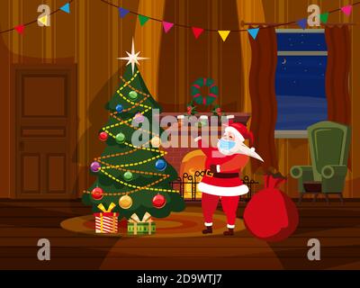 Frohe Weihnachten Interieur des Wohnzimmers mit einem Weihnachtsbaum, Geschenke und einen Kamin, Fenster, Möbel, Weihnachtskranz, Dekorationen. Vektor Stock Vektor