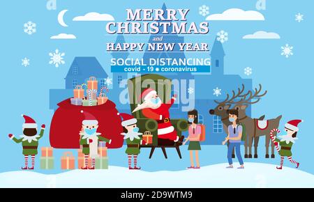 Frohe Weihnachten und ein glückliches Neues Jahr der Weihnachtsmann mit seinen Elfhelfern und Hirten schenkt Kindern in seiner Residenz Geschenke. Unter Bedingungen des COVID Stock Vektor