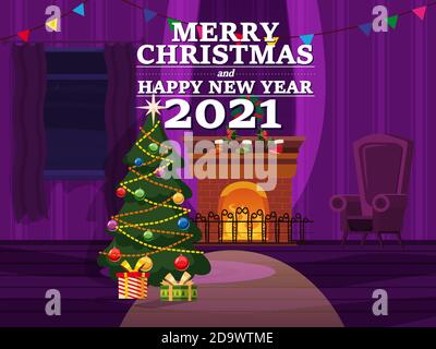 Frohe Weihnachten Interieur des Wohnzimmers mit einem Weihnachtsbaum, Geschenke und einen Kamin, Fenster, Möbel, Weihnachtskranz, Dekorationen. Vektor Stock Vektor