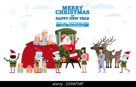 Frohe Weihnachten und ein glückliches Neues Jahr der Weihnachtsmann mit seinen Elfhelfern und Hirten schenkt Kindern in seiner Residenz Geschenke. Unter Bedingungen des COVID Stock Vektor