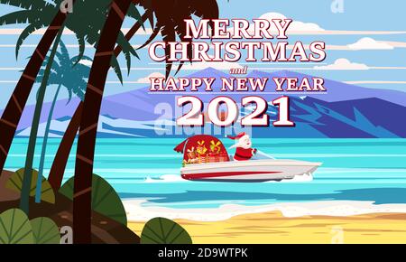 Frohe Weihnachten Weihnachtsmann auf Schnellboot auf Meer Tropische Insel Palmen Berge am Meer liefern Schiffsgeschenke Stock Vektor