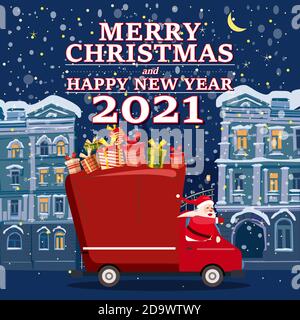 Santa Claus Van mit Text Frohe Weihnachten und glückliches neues Jahr 2021 Lieferung Geschenke Hintergrund Nacht Winter Altstadt. Flache Cartoon Stil Vektor Stock Vektor