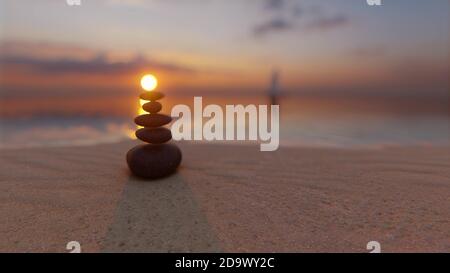 Sonnenuntergang Steine Balance Meer Zen Garten spirituellen Geist 3d-Rendering Stockfoto