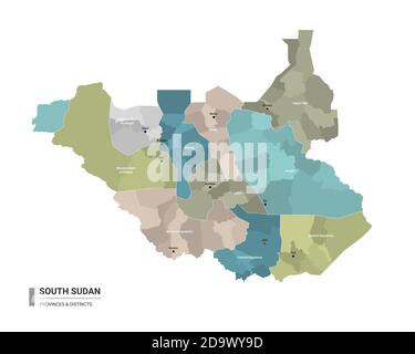 Südsudan higt Detailkarte mit Unterteilungen. Verwaltungskarte Südsudan mit Bezirken- und Stadtnamen, farbig nach Bundesstaaten und administrativ Stock Vektor