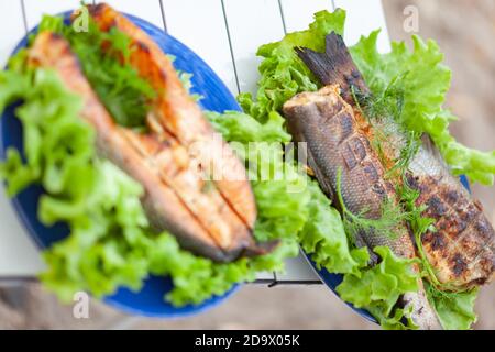 Zwei blaue Teller mit gebratenem Forellensteak und Seebarsch Stockfoto