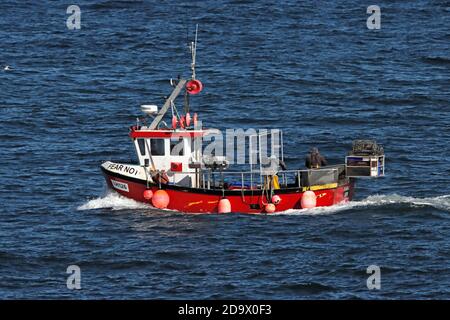 Hummerfischboot mit Hummertöpfen oder -Creels, Schottland, Großbritannien. Stockfoto