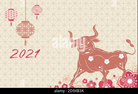 Frohes neues Jahr 2021. Ein horizontales Banner mit chinesischen Elementen des neuen Jahres.Übersetzung aus dem Chinesischen - Frohes Neues Jahr, Stier-Symbol Stock Vektor
