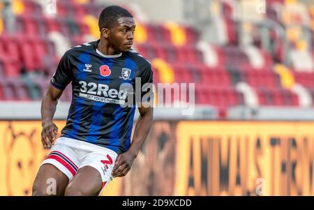 London, Großbritannien. November 2020. Anfernee Dijksteel vom Middlesborough FC während des Spiels der EFL Sky Bet Championship zwischen Brentford und Middlesbrough am 7. November 2020 im Brentford Community Stadium, London, England. Foto von Phil Hutchinson. Nur redaktionelle Verwendung, Lizenz für kommerzielle Nutzung erforderlich. Keine Verwendung bei Wetten, Spielen oder Veröffentlichungen einzelner Vereine/Vereine/Spieler. Kredit: UK Sports Pics Ltd/Alamy Live Nachrichten Stockfoto