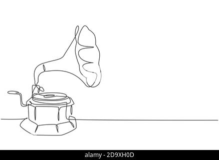 Einzelne kontinuierliche Linienzeichnung von alten Retro-Analog-Vinyl-Grammophon mit Holztisch-Box. Nostalgische Vintage klassische Musik-Player-Konzept Stock Vektor