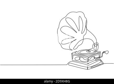 Einzelne durchgehende Strichzeichnung des alten analogen Retro Vinyl-Grammophons mit einem runden Holztisch. Klassisches Vintage-Musikplayer-Konzept. Musikinstrument Stock Vektor