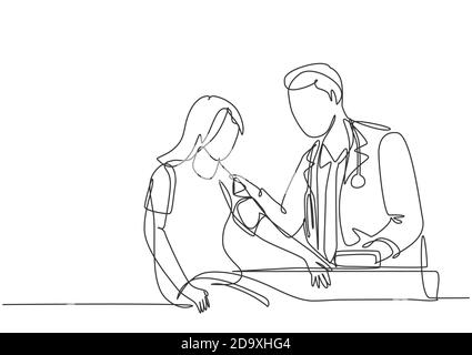 Einzelne kontinuierliche Linienzeichnung eines jungen männlichen Arztes, der die Pulsfrequenz und den Blutdruck eines jungen Patienten mit Tensiometer untersucht. Medizinische Behandlung Stock Vektor