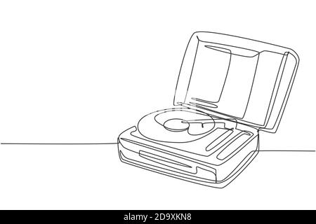 Eine einzige Linie Zeichnung von Retro alten klassischen tragbaren Musik Plattenspieler Vinyl Disc Jockey. Vintage analog Audio-Player Artikel Konzept kontinuierliche Linie Stock Vektor