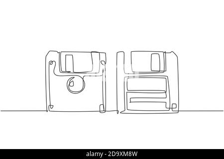 Eine einzeilige Zeichnung von Retro-alten klassischen 3.5-Zoll-Diskette vorne und hinten Seite. Vintage Datei Speicher Diskette Artikel Konzept kontinuierliche Linie Stock Vektor