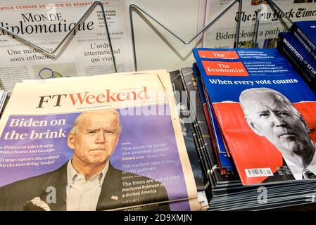 Berlin, Deutschland. November 2020. Deutschland, Berlin, 08. November 2020: Zeitungscover berichtet über den Sieg des designierten Präsidenten JOE BIDEN bei den US-Präsidentschaftswahlen am Tag nach BIDEN 270 Stimmen im US Electoral College. (Foto: Jan Scheunert/Sipa USA) Quelle: SIPA USA/Alamy Live News Stockfoto