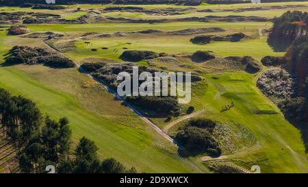 Luftaufnahme des Fidra Links Golfplatzes am Archerfield Links Golfclub in East Lothian, Schottland, Großbritannien Stockfoto