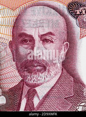 Mehmet Akif Ersoy Porträt auf Türkisch 100 Lira (1984) Banknote Nahaufnahme Makro, Autor der türkischen Nationalhymne, Geld Nahaufnahme Stockfoto