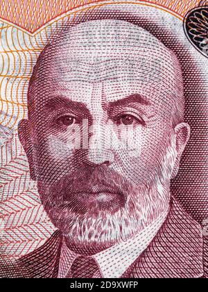 Mehmet Akif Ersoy Porträt auf Türkisch 100 Lira (1984) Banknote Nahaufnahme Makro, Autor der türkischen Nationalhymne, Geld Nahaufnahme Stockfoto
