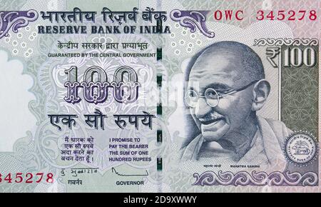 Indische 100 Rupie Banknote Nahaufnahme, Indien Geld Nahaufnahme Stockfoto