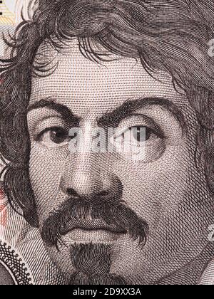 Caravaggio Gesicht auf 100000 italienische Lire Banknote aus nächster Nähe. Einer der größten und innovativen Maler der Renaissance. Stockfoto