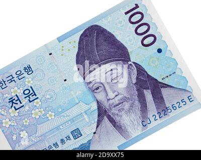 Südkorea 1000 gewann Banknote isoliert, koreanisches Geld Nahaufnahme. Porträt von Yi Hwang. Stockfoto