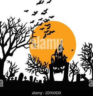 Halloween-Nacht mit gruseligen Burg auf Friedhof mit großen gelb mond Vektor Illustration Skizze Doodle Hand gezeichnet mit schwarzen Linien Isoliert Stock Vektor