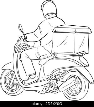 Lieferung Mann Motorrad mit Box auf der Rückseite Vektor fahren Illustration Skizze Doodle Hand gezeichnet mit schwarzen Linien isoliert auf Weißer Hintergrund Stock Vektor