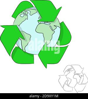 Erde mit Recycling Zeichen Vektor Illustration Skizze Doodle Hand gezeichnet Mit schwarzen Linien isoliert auf weißem Hintergrund Stock Vektor