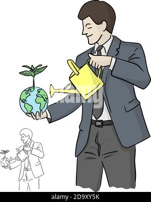 Geschäftsmann Holding Pflanze auf grüne Welt und Bewässerung als Umwelt Erhaltung Vektor Illustration Skizze Doodle Hand gezeichnet isoliert auf weiß Rückg Stock Vektor
