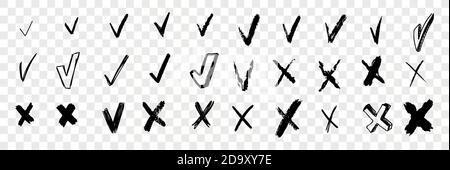 Pinsel handgezeichnete Checkmarks und Kreuze Doodle Set Sammlung Stock Vektor