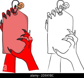 Rote Hände des Teufels hält großen Preisschild mit kleinen Skull Vektor Illustration Skizze Doodle Hand gezeichnet mit schwarzen Linien Isoliert auf weißem Hintergrund Stock Vektor