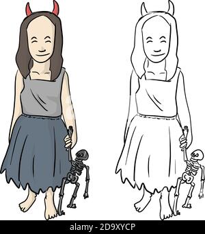 Lächelndes kleines Mädchen mit roten Hörnern, die kleine Skelettpuppe halten In holloween Festival Vektor Illustration Skizze Doodle Hand gezeichnet mit Schwarze Linien iso Stock Vektor