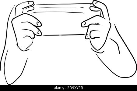 Rückansicht des Handspiels mit einem Konsolencontroller vektor-Illustration Skizze Doodle Hand gezeichnet mit schwarzen Linien isoliert Auf weißem Hintergrund Stock Vektor