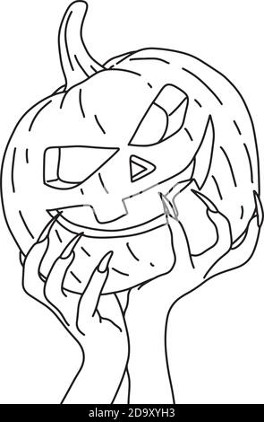 Hand des Teufels hält Halloween Kürbis Vektor Illustration Skizze Doodle Handgezeichnet mit schwarzen Linien isoliert auf weißem Hintergrund Stock Vektor
