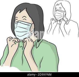 Halbe Länge der Frau trägt medizinische Maske Vektor Illustration Skizze doodle handgezeichnet mit schwarzen Linien isoliert auf weißem Hintergrund Stock Vektor
