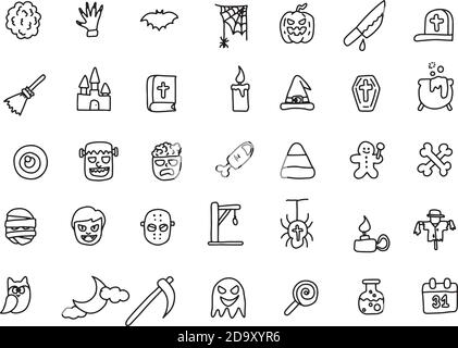 Halloween Icon Set Vektor Illustration Skizze Doodle Hand gezeichnet mit Schwarze Linien auf weißem Hintergrund isoliert Stock Vektor