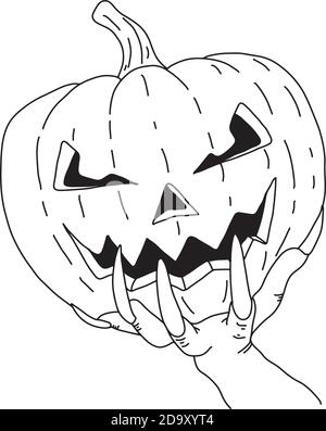 Hand mit langen Nägeln hält Hallowen Kürbis Vektor Illustration Skizze doodle handgezeichnet mit schwarzen Linien isoliert auf weißem Hintergrund Stock Vektor