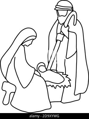 Joseph Mary und Baby Jesus Vektor Illustration Skizze Doodle Hand gezeichnet isoliert auf weißem Hintergrund. Weihnachtskrippe Stock Vektor